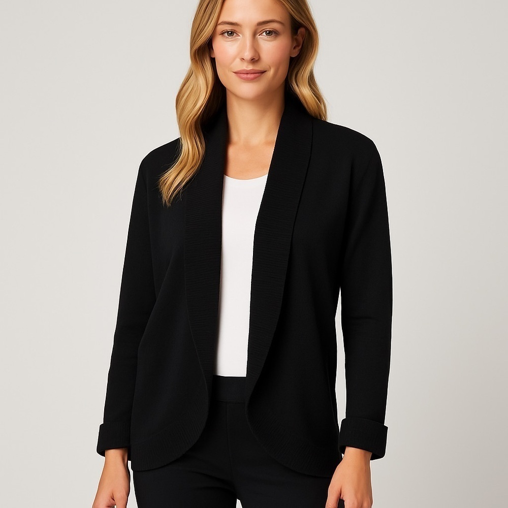 Exclusively Misook Black Open Front Ribbed Knit Cardigan Sweater Size XL
